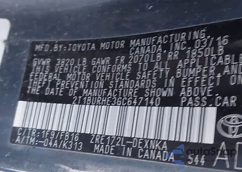 2016 Toyota Corolla Le из США, поврежденный, VIN 2T1BURHE3GC647140